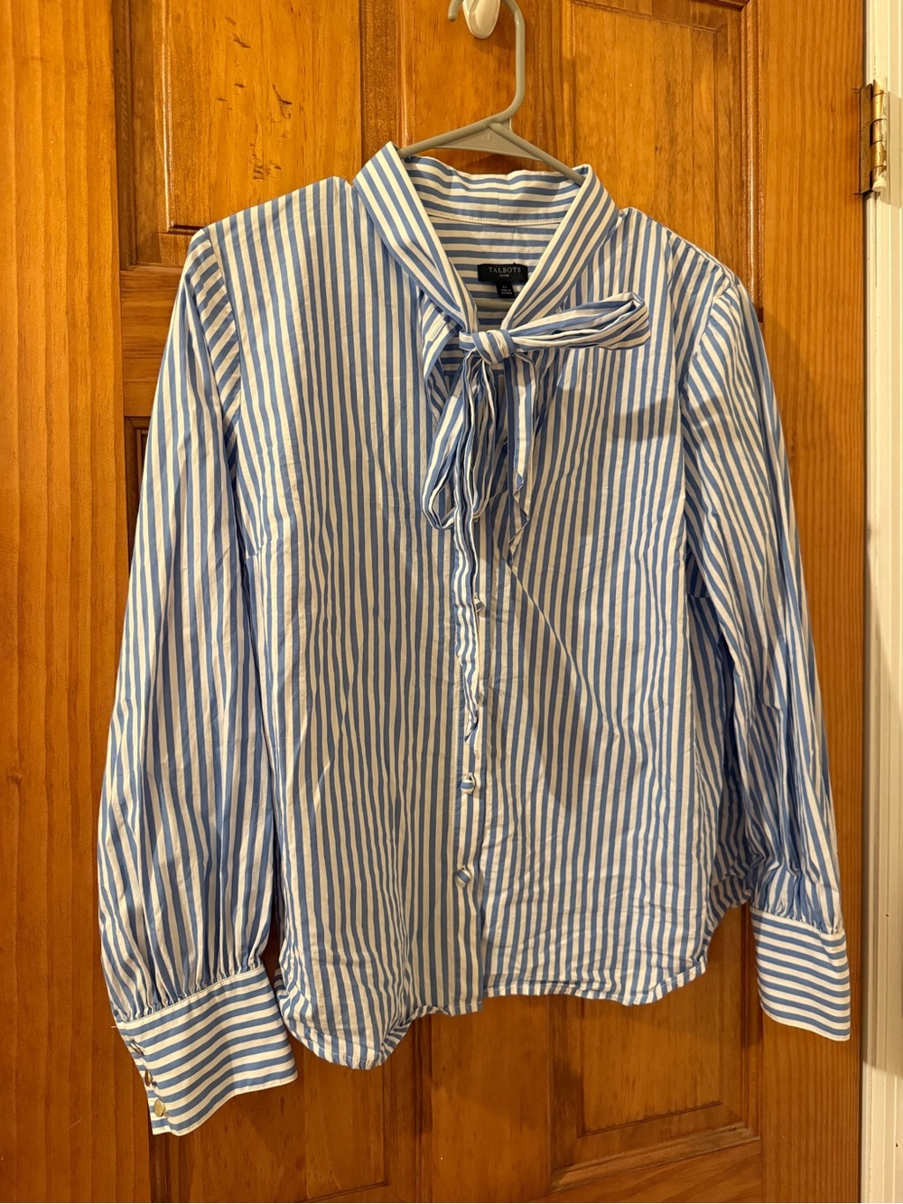 Talbots Women’s Blue & White Striped Bow-Front Shirt